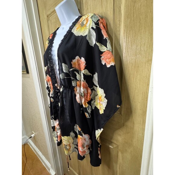 Haute Project Womens 2XL Black Orange Floral  Lace Trim Tie Waist Kimono Coverup - Picture 3 of 6